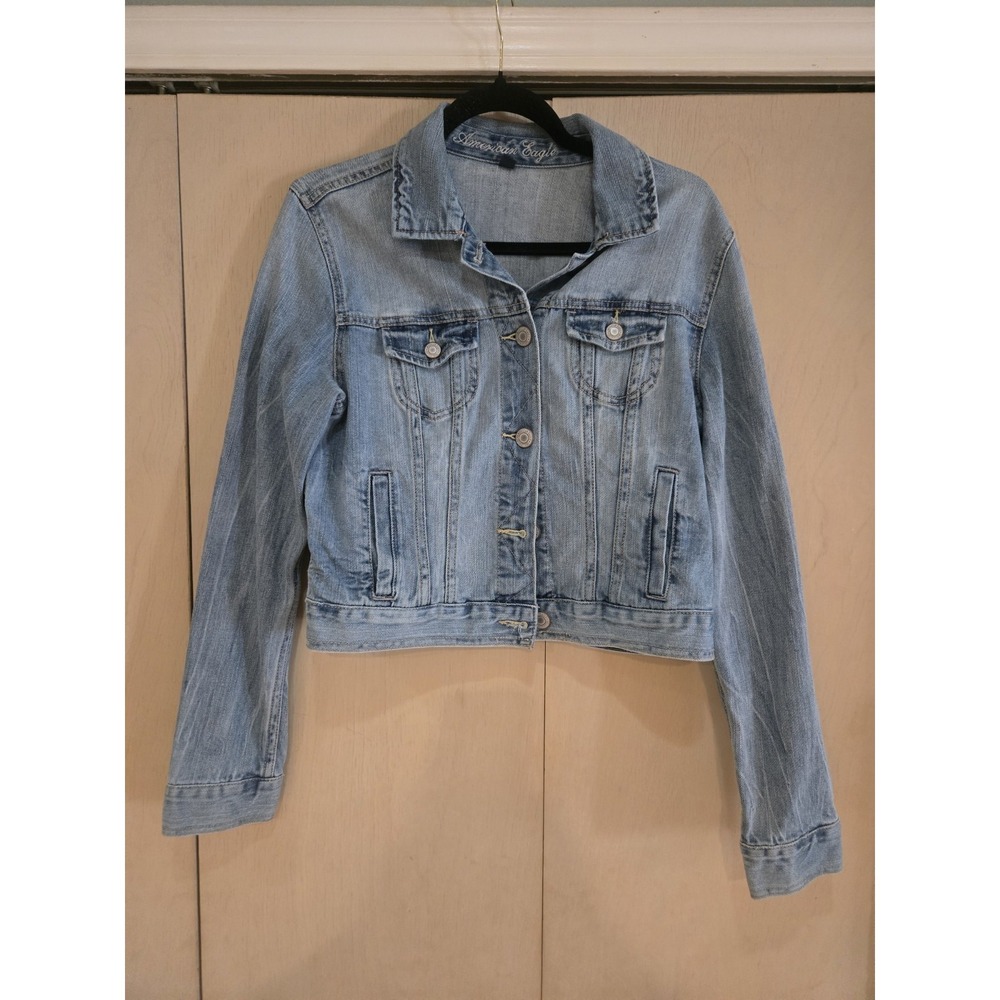 American Eagle Denim Jean‎ Jacket Aztec Embroidered Southwest Trucker Blue Sz L